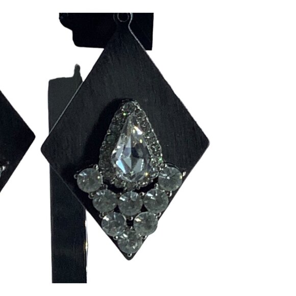Dangling Rhinestone Diamond Shape Earrings Black Metal Formal Fashion Glam 2.5" - Picture 2 of 5